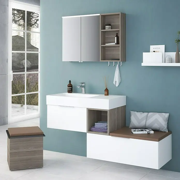 Camargue LED-Spiegelschrank Cube/LoftB x H: 90 x 62 cm, Mit Beleuchtung, Eiche Cordoba - Elegantes Badezimmer-Set mit Waschtisch, Spiegelschrank und Ablageflächen in Weiß und Holzoptik für ein stilvolles Ambiente.