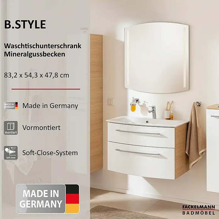 Fackelmann B.style Badmöbel-Set - Gesamtbreite Badmöbel: 83,2 cm, Sandeiche/Weiß - Weißer Waschtischunterschrank mit Mineralgussbecken, Holzdekor-Akzenten und beleuchtetem Spiegel, mit Soft-Close-Schubladen.