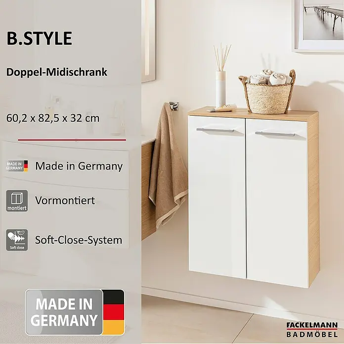 Fackelmann B.style Bad-Midischrank - B x T x H: 60,2 x 32 x 82,6 cm, Sandeiche/Weiß - Weißer Doppel-Midischrank mit Holzoptik-Oberplatte, in einem modernen Badezimmer.