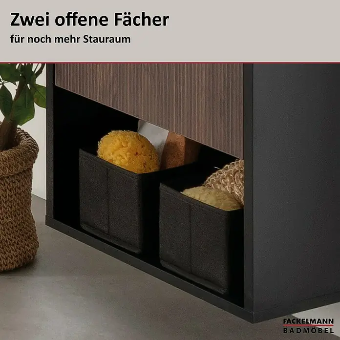 Fackelmann B.Paris Bad-Midischrank - B x T x H: 40,2 x 32 x 125,7 cm, Rigoletto, DIN Anschlag: Rechts - Dunkelgrauer Badschrank mit Holzdekorplatte und zwei offenen Fächern, gefüllt mit Aufbewahrungsboxen für Badeschwämme.