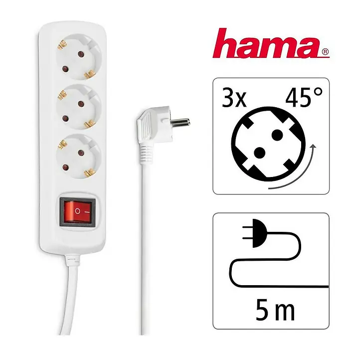 Hama Steckdosenleiste 108815 - Anzahl Steckdosen: 3 Stück, Kabellänge: 5 m, IP20, Weiß, Mit Schalter, Erhöhter Berührungsschutz - Weiße Hama Steckdosenleiste mit 3 45°-Winkelsteckdosen, rotem Schalter und 5m Kabel mit Winkelstecker.