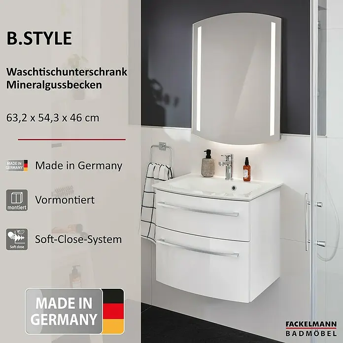 Fackelmann B.style Badmöbel-Set - Gesamtbreite Badmöbel: 63,2 cm, Weiß - Weißer Waschtischunterschrank mit Mineralgussbecken, Soft-Close-Schubladen und geschwungenen Fronten, in modernem Badezimmer.