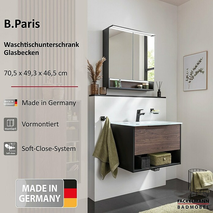 Fackelmann B.Paris Badmöbel-Set (Gesamtbreite Badmöbel: 70,5 cm, Mit Glasbecken, Rigoletto Eiche Holzoptik/Schwarz) | BAUHAUS