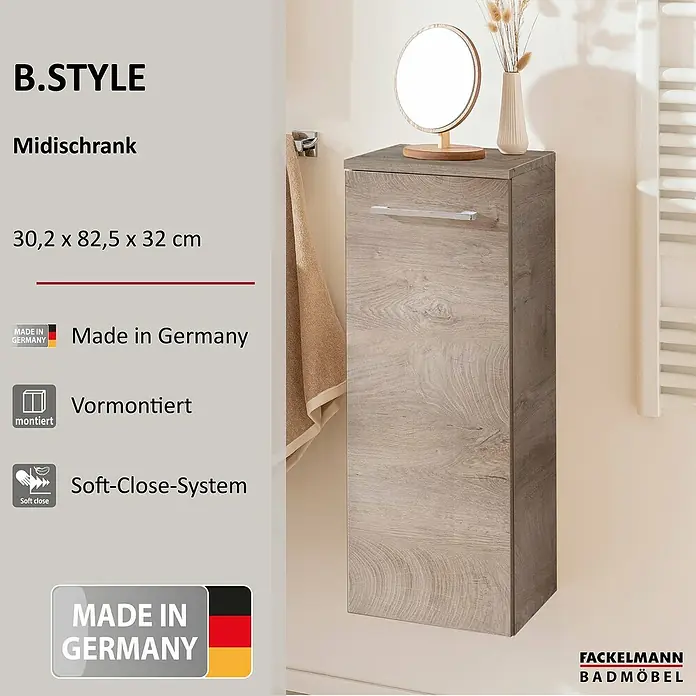 Fackelmann B.style Bad-Midischrank - B x T x H: 30,2 x 32 x 82,6 cm, Nature Oak Holzoptik, DIN Anschlag: Links - Midischrank in heller Holzoptik mit silbernem Griff, dekoriert mit Spiegel und Vase im Bad.