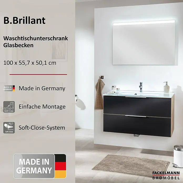 Fackelmann B.brillant Badmöbel-Set - Gesamtbreite Badmöbel: 100 cm, Mit Glasbecken, Anthrazit, Waschbecken aus Glas - Schwarzer Waschtischunterschrank mit Glaswaschbecken und zwei Schubladen unter beleuchtetem Spiegel.