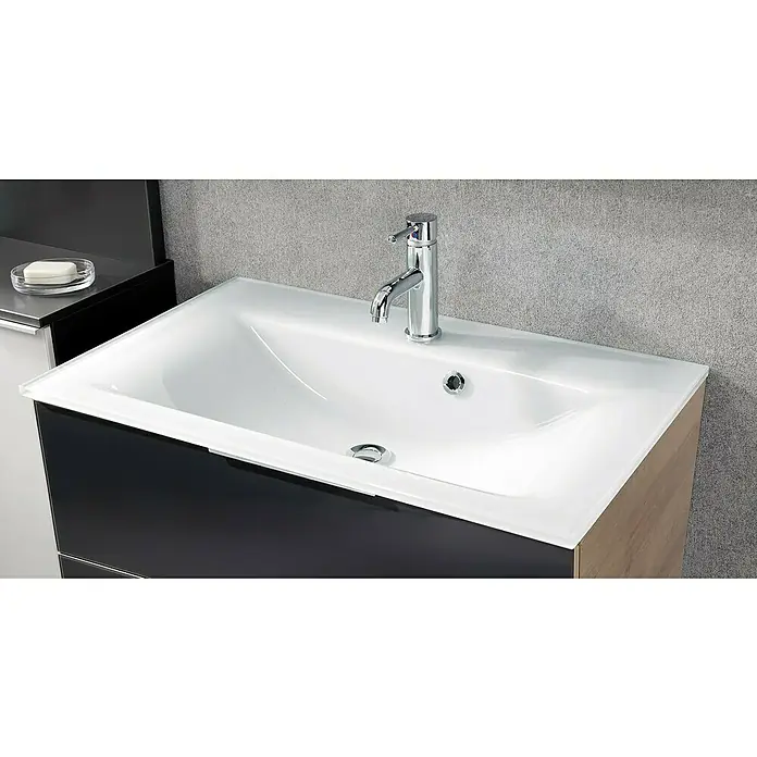 Fackelmann B.brillant Badmöbel-Set - Gesamtbreite Badmöbel: 80 cm, Mit Glasbecken, Anthrazit, Waschbecken aus Glas - Modernes weißes Keramik-Waschbecken mit Chromarmatur, in schwarzen und Holz-Waschtischunterschrank integriert.