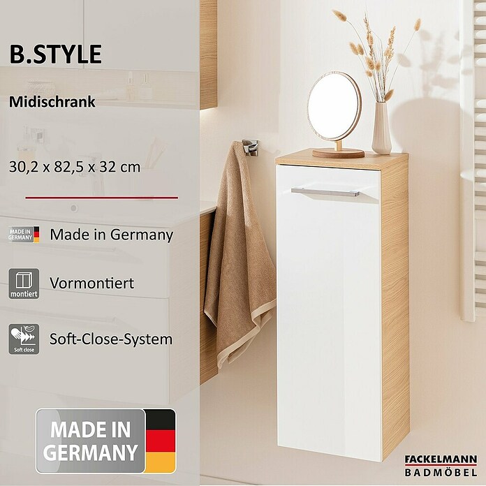 Fackelmann B.style Midischrank (1-türig, B x T x H: 30,2 x 32 x 82,6 cm, Anschlag: Links, Weiß Hochglanz/Sandeiche) | BAUHAUS