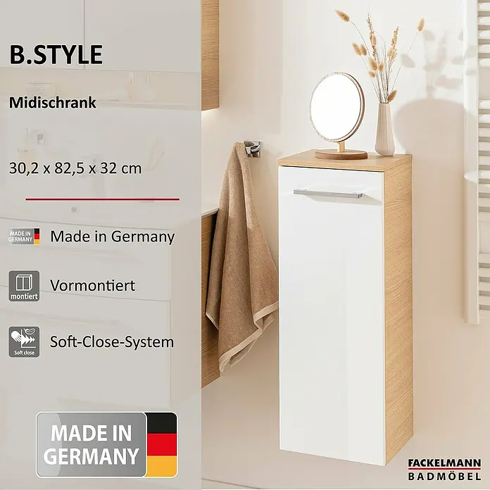 Fackelmann B.style Bad-Midischrank - B x T x H: 30,2 x 32 x 82,6 cm, Sandeiche/Weiß, DIN Anschlag: Links - Weißer hochglänzender wandmontierter Bad-Midischrank mit heller Holzoptik und Chromgriff.