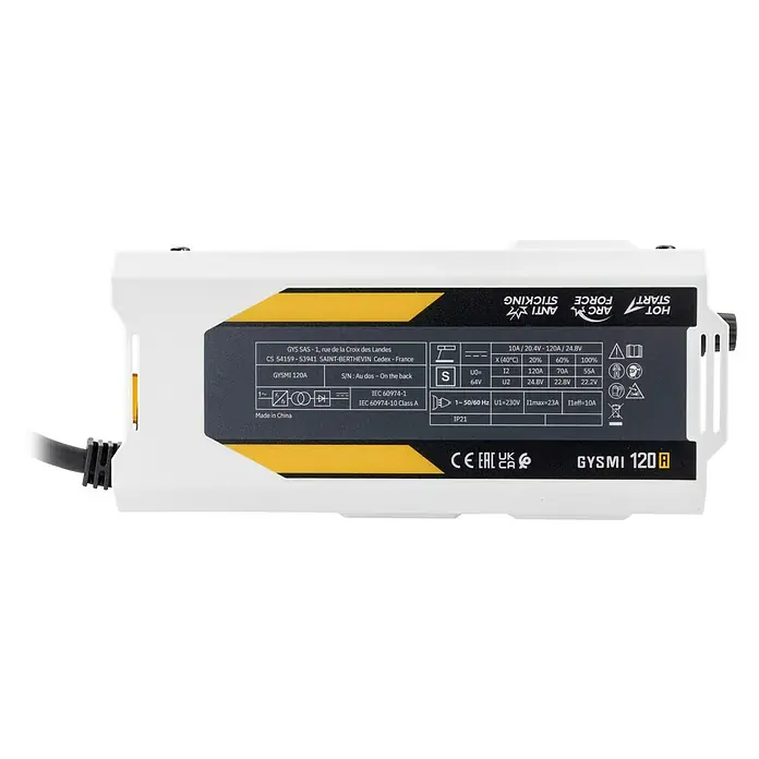 Gys Schweißgerät GYSMI120A - Schweißstrom: 10 A - 120 A, L x B x H: 23 x 15 x 10 cm - Weißes GYSMI 120A Inverter-Schweißgerät mit gelben Akzenten und Netzkabel.