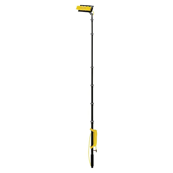 Neptun PV-  & Fassaden Reinigungsset mit verschiedenen Aufsätzen - Teleskopstiel, 120 cm - 490 cm - Langer schwarzer Teleskop-Waschbürste mit gelben Borsten und integriertem Wasserschlauch mit rotem Ventil.