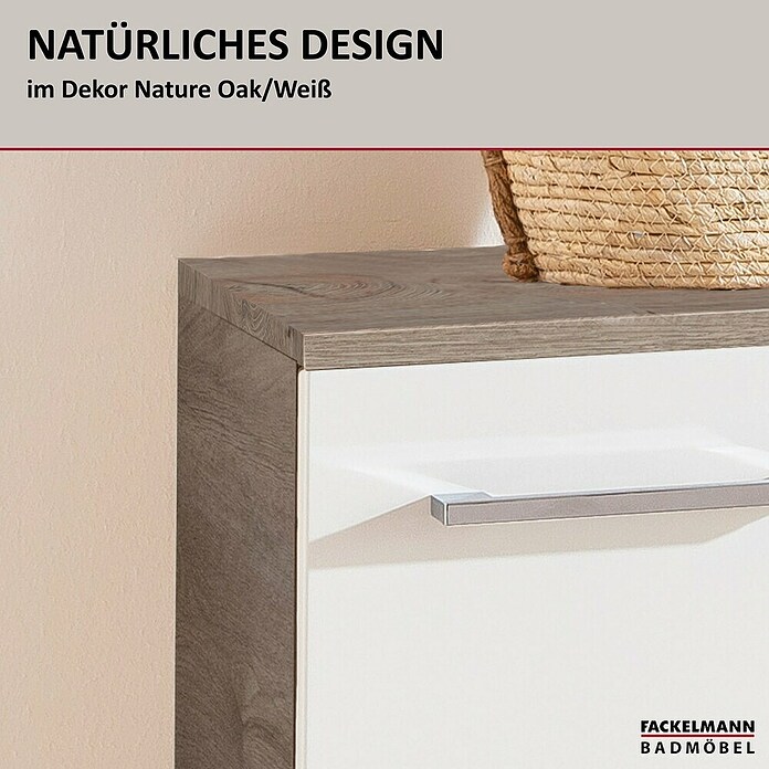 Fackelmann B.style Midischrank (1-türig, B x T x H: 30,2 x 32 x 82,6 cm, Anschlag: Links, Weiß Hochglanz/Nature Oak Holzoptik) | BAUHAUS