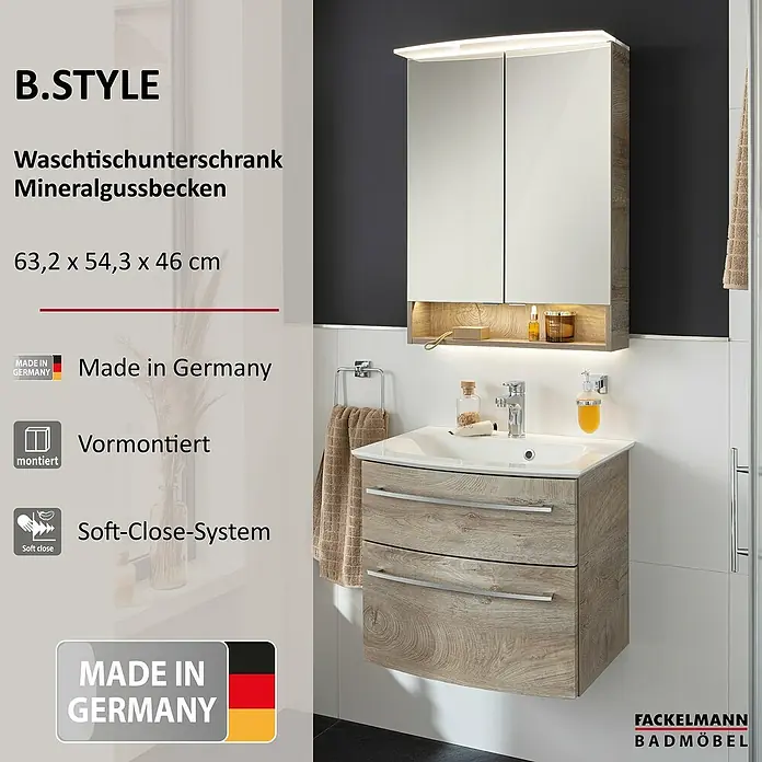 Fackelmann B.style Badmöbel-Set - Gesamtbreite Badmöbel: 63,2 cm, Nature Oak Holzoptik - Waschtischunterschrank in Holzoptik mit Mineralgussbecken, zwei Schubladen und Spiegelschrank mit Beleuchtung. Soft-Close, vormontiert, 63,2x54,3x46 cm.