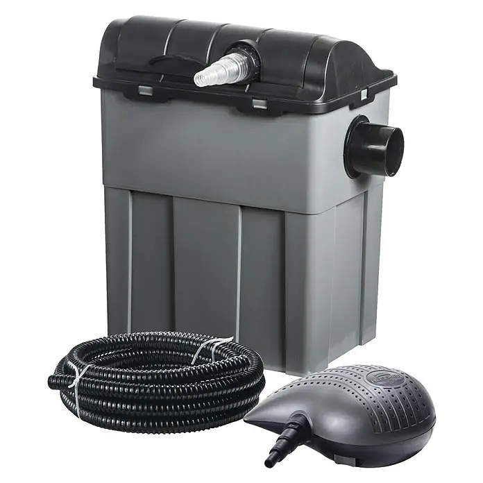 Heissner Durchlauffilter-Set FPU 10100 Eco - Teichgröße: 10 m³ - Teichfilter-Set: Ein komplettes Set mit Filter, Schlauch und Pumpe für sauberes und gesundes Teichwasser.
