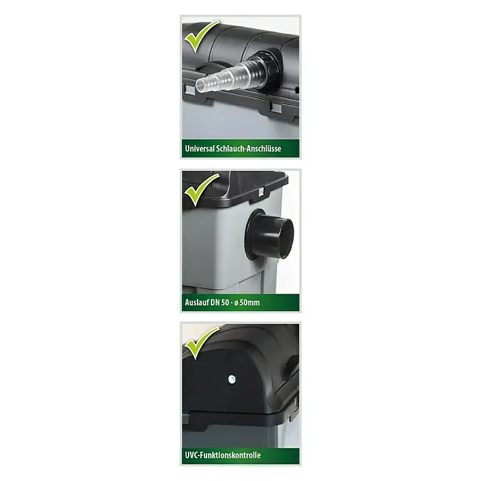 Heissner Durchlauffilter-Set FPU 10100 Eco - Teichgröße: 10 m³ - Universelle Schlauchanschlüsse, Auslauf DN 50 - ø 50mm und UVC-Funktionskontrolle eines Teichfilters.