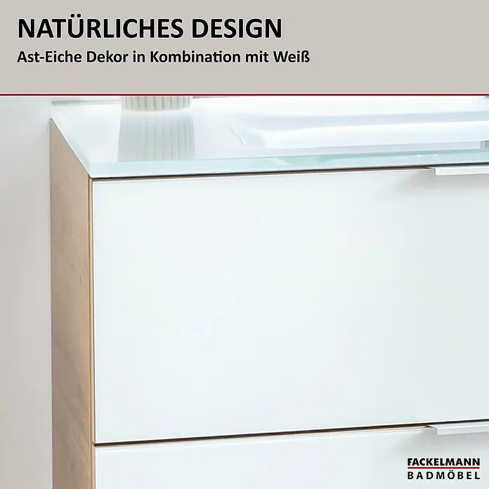 Fackelmann B.brillant Badmöbel-Set - Gesamtbreite Badmöbel: 100 cm, Mit Glasbecken, Weiß, Waschbecken aus Glas - Badezimmerschrank mit weißen Schubladen und Ast-Eiche-Dekor-Seiten, mit Glasplatte. Metallgriffe.