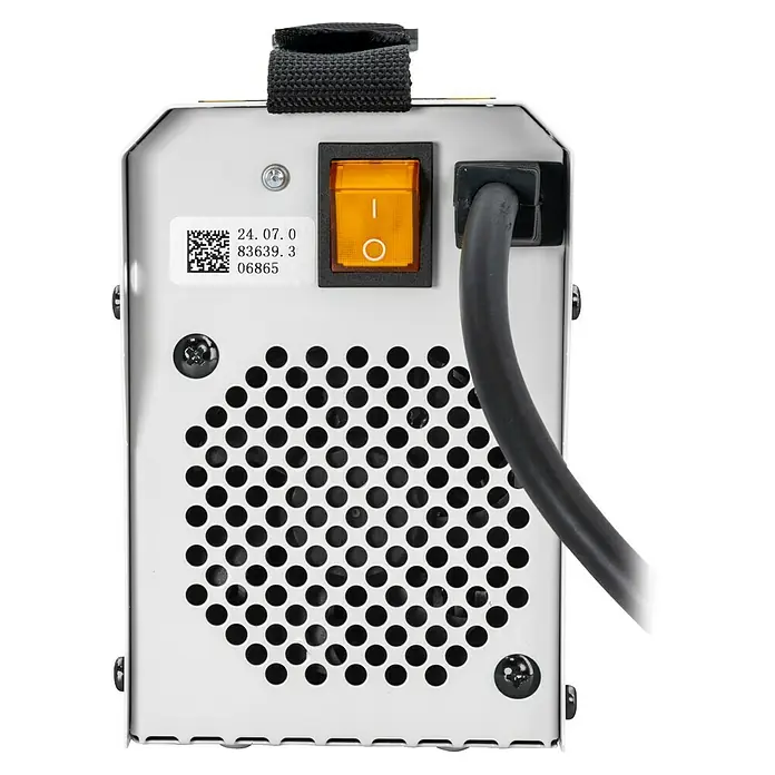 Gys Schweißgerät GYSMI120A - Schweißstrom: 10 A - 120 A, L x B x H: 23 x 15 x 10 cm - Rückansicht eines weißen Elektronikgeräts mit gelbem Netzschalter, schwarzem Netzkabel und rundem Lüftungsgitter.