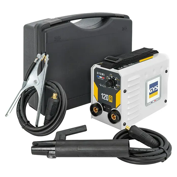 Gys Schweißgerät GYSMI120A - Schweißstrom: 10 A - 120 A, L x B x H: 23 x 15 x 10 cm - Weiß-schwarzes GYSMI 120A Inverter-Schweißgerät mit schwarzem Tragekoffer, Masseklemme, Elektrodenhalter und Kabeln.