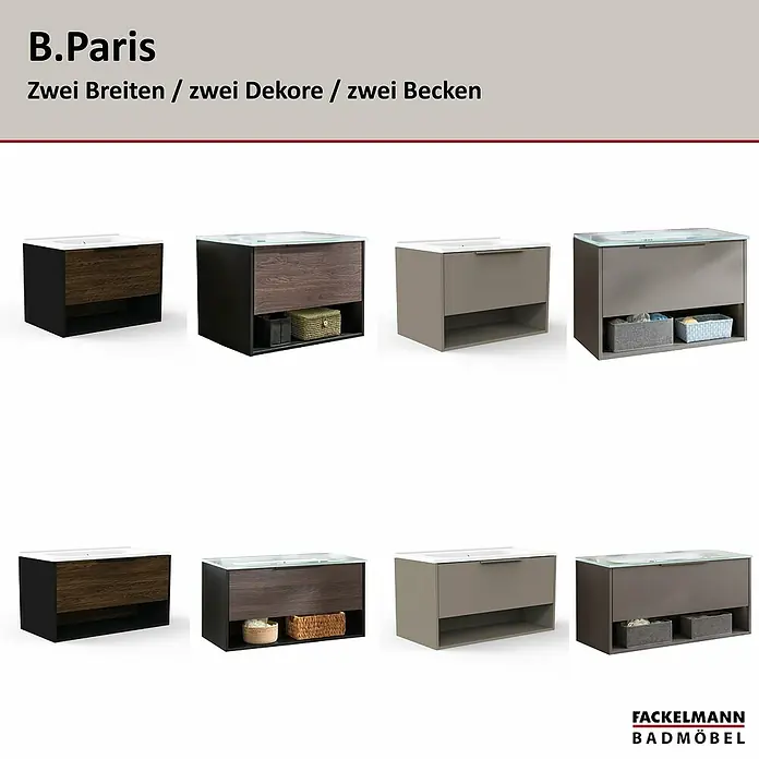 Fackelmann B.Paris Badmöbel-Set - Gesamtbreite Badmöbel: 70,5 cm, Mit Glasbecken, Rigoletto - B.Paris Badmöbel: zwei Breiten, zwei Dekore (Holz, Taupe), zwei Beckenarten (Keramik, Glas), mit Schubladen und offenen Ablagen.