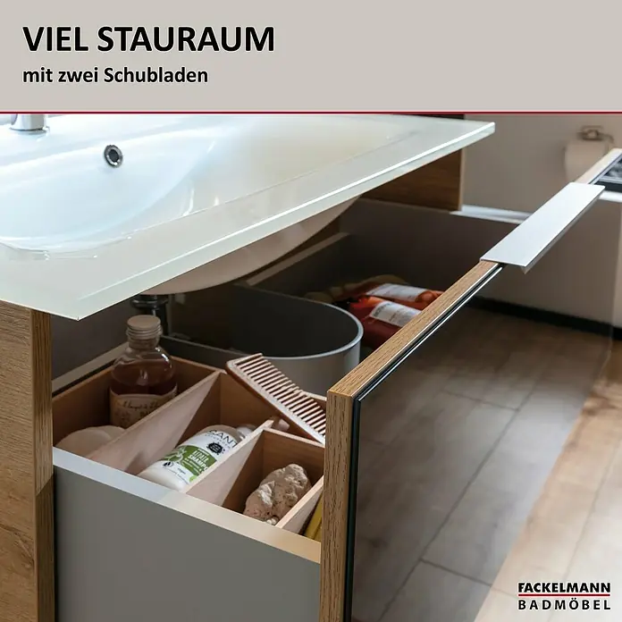 Fackelmann B.brillant Badmöbel-Set - Gesamtbreite Badmöbel: 80 cm, Mit Gussmarmorbecken, Anthrazit, Material Waschbecken: Marmorguss - Badezimmermöbel aus Holz mit weißem Waschbecken und zwei offenen, hellgrauen Schubladen für organisierte Badartikel.