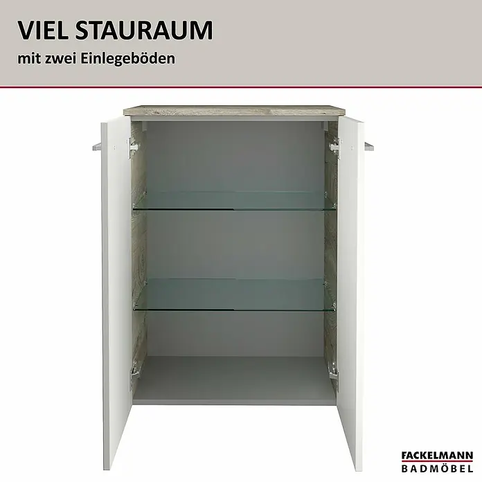 Fackelmann B.style Bad-Midischrank - B x T x H: 60,2 x 32 x 82,6 cm, Nature Oak Holzoptik/Weiß - Weißer Badschrank mit heller Holzplatte und zwei Glasböden, Türen geöffnet.
