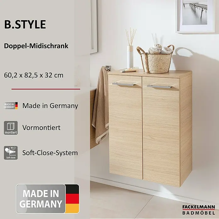 Fackelmann B.style Bad-Midischrank - B x T x H: 60,2 x 32 x 82,6 cm, Sandeiche - Helles Wand-Midischrank in Holzoptik mit zwei Türen, Soft-Close-System und silbernen Griffen.