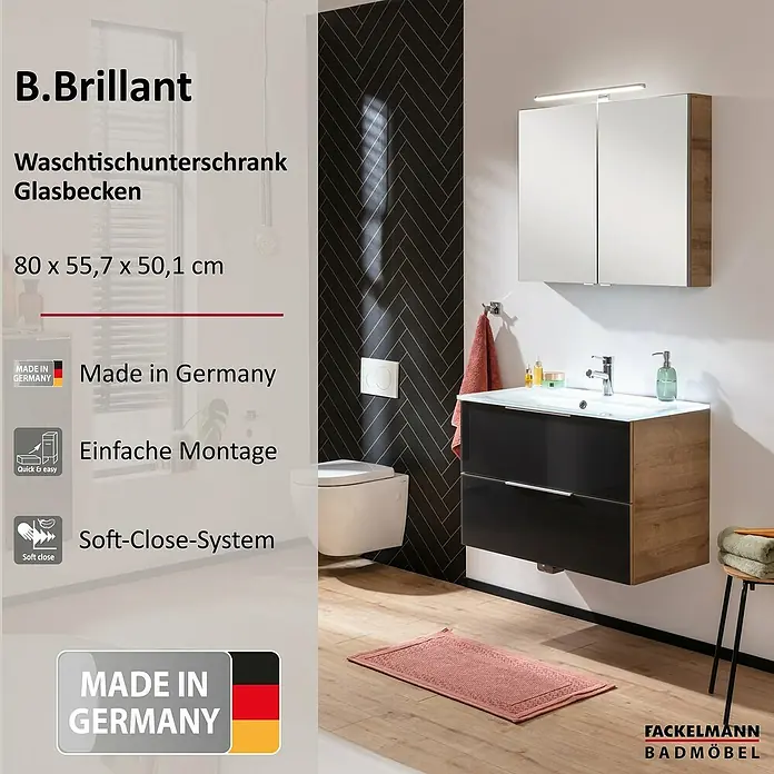 Fackelmann B.brillant Badmöbel-Set - Gesamtbreite Badmöbel: 80 cm, Mit Glasbecken, Anthrazit, Waschbecken aus Glas - B.Brillant Waschtischunterschrank mit Glasbecken, schwarzen Hochglanzschubladen und Holzoptikseiten, in modernem Bad mit Spiegelschrank.