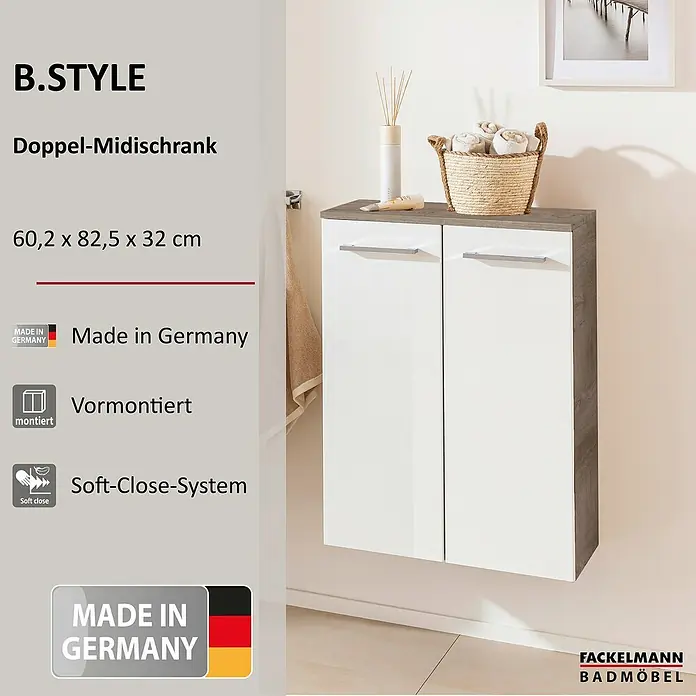 Fackelmann B.style Bad-Midischrank - B x T x H: 60,2 x 32 x 82,6 cm, Nature Oak Holzoptik/Weiß - Weißer Hochglanz-Hängeschrank mit zwei Türen und grauer Holzoptik oben und an den Seiten, im Bad montiert.