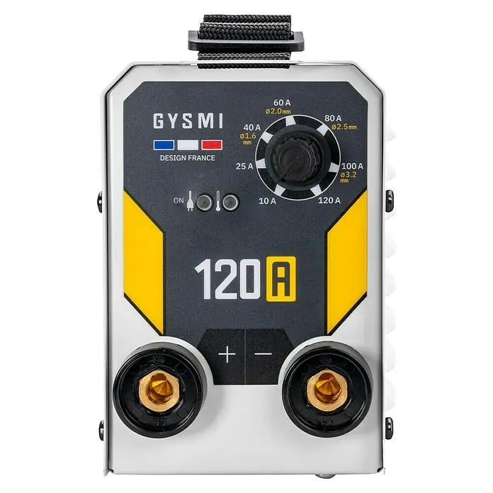 Gys Schweißgerät GYSMI120A - Schweißstrom: 10 A - 120 A, L x B x H: 23 x 15 x 10 cm - Kompaktes GYSMI 120A Inverter-Schweißgerät in Weiß, Dunkelgrau und Gelb, mit Bedienknopf, 120A Nennleistung und zwei Schweißanschlüssen.