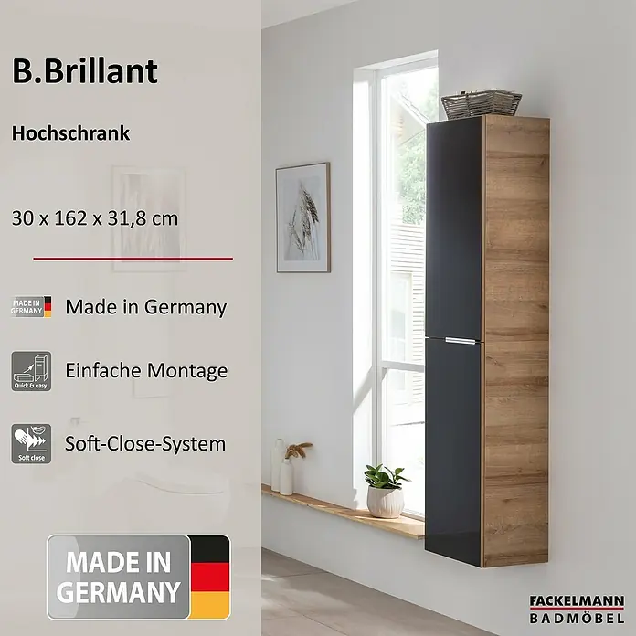 Fackelmann B.brillant Bad-Hochschrank - B x T x H: 30 x 31,8 x 162 cm, Anthrazit - Moderner hoher Badschrank mit glänzend schwarzer Tür und Holzoptik-Seite, 30x162x31,8 cm, Soft-Close und einfacher Montage.