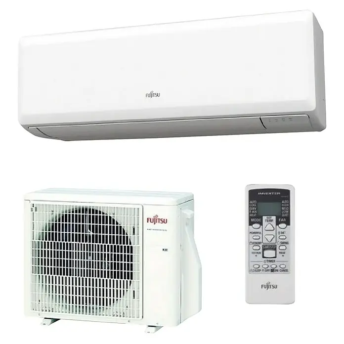 Fujitsu KN Aire acondicionado Inverter ASY35 + Instalación - 3.400 W, Potencia térmica: 3.800 W, Tamaño de la estancia: 25 m² - 35 m² - Conjunto de aire acondicionado Fujitsu blanco con unidad interior de pared, unidad exterior y mando a distancia.