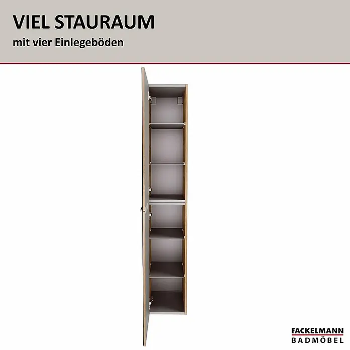 Fackelmann B.brillant Bad-Hochschrank - B x T x H: 30 x 31,8 x 162 cm, Anthrazit - Hoher Badschrank mit offener Tür, Holzoptik außen, grau innen, und vier Einlegeböden für viel Stauraum.