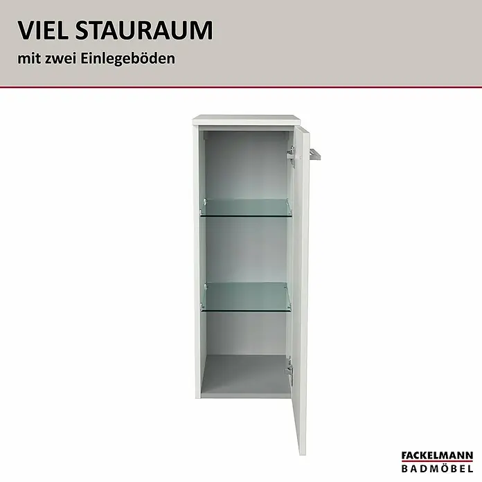 Fackelmann B.style Bad-Midischrank - B x T x H: 30,2 x 32 x 82,6 cm, Weiß, DIN Anschlag: Rechts - Weißer Badschrank, geöffnet mit zwei Glasablagen.
