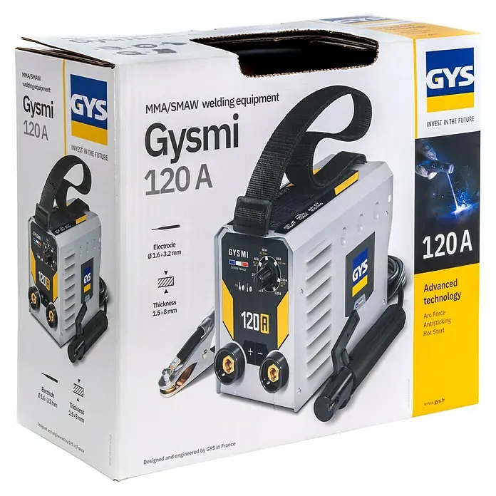 Gys Schweißgerät GYSMI120A - Schweißstrom: 10 A - 120 A, L x B x H: 23 x 15 x 10 cm - GYS Gysmi 120A MMA/SMAW Schweißgerät in weiß-gelber Verpackung mit Produktdetails und silber-schwarzem Schweißgerät.