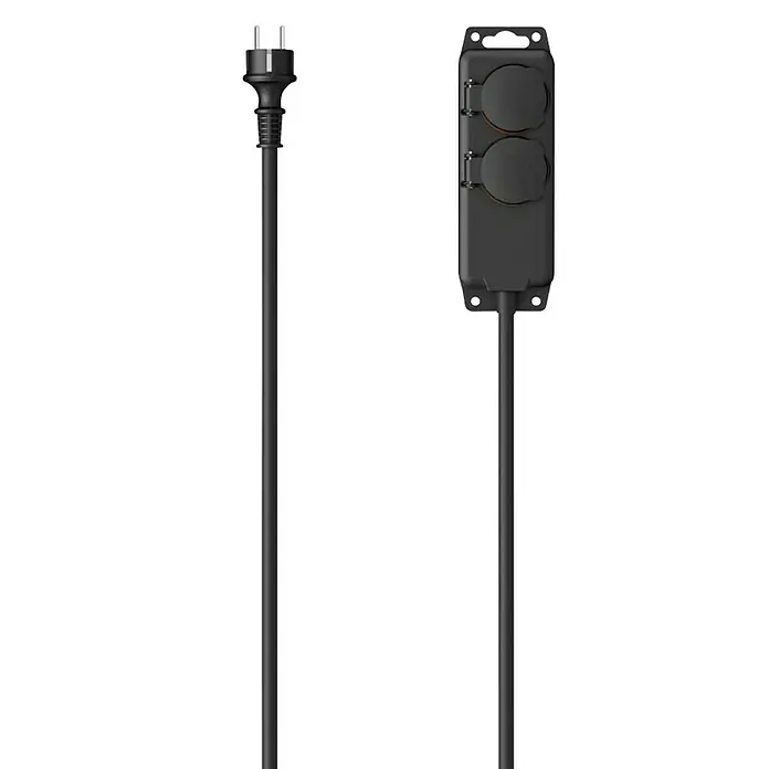 Hama Steckdosenleiste 2-fach 00223061 IP44 Wandmontage - Kabellänge: 2 m - Schwarzer Stecker mit Kabel und schwarze Zweifach-Verlängerungssteckdose mit Schutzabdeckungen.