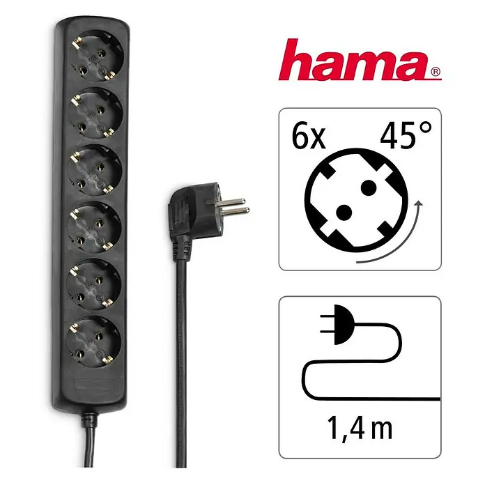 Hama Steckdosenleiste 0030393 - Anzahl Steckdosen: 6 Stück, Kabellänge: 1,4 m, IP20, Schwarz - Schwarze 6-fach Steckdosenleiste mit 45° abgewinkelten Steckdosen und 1,4m Kabel.