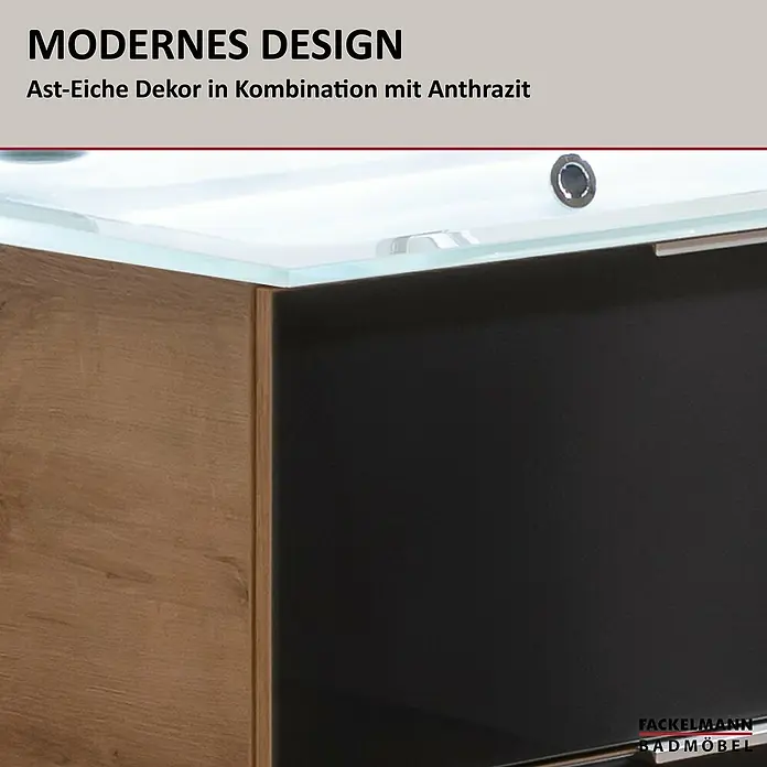 Fackelmann B.brillant Badmöbel-Set - Gesamtbreite Badmöbel: 80 cm, Mit Glasbecken, Anthrazit, Waschbecken aus Glas - Modernes Badmöbel in Ast-Eiche Dekor und Anthrazit, mit weißem Waschbecken und Glasplatte.