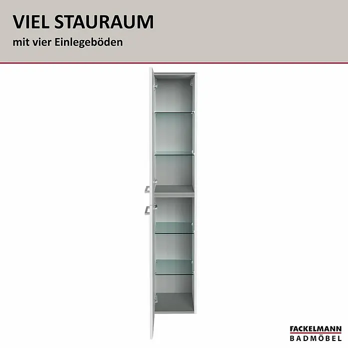 Fackelmann B.style Bad-Hochschrank - B x T x H: 30 x 31,8 x 162 cm, Weiß, DIN Anschlag: Links - Weißer hoher Badschrank, offen, mit vier Glasböden und einem festen Boden für Stauraum.