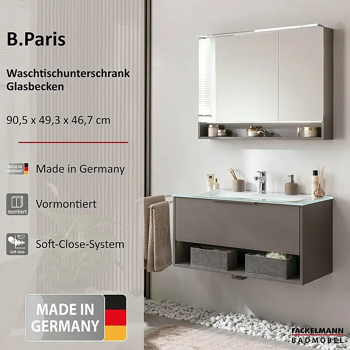 Fackelmann B.Paris Badmöbel-Set - Gesamtbreite Badmöbel: 90,5 cm, Mit Glasbecken, Cubanit grau - Dunkelgrauer Waschtischunterschrank mit Glasbecken und Spiegelschrank, Soft-Close, vormontiert.