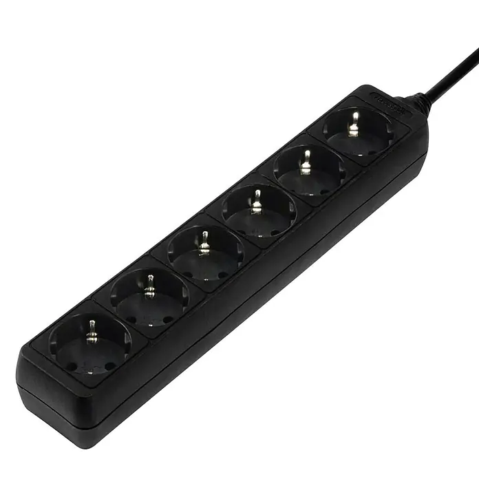 Hama Steckdosenleiste 0030393 - Anzahl Steckdosen: 6 Stück, Kabellänge: 1,4 m, IP20, Schwarz - Schwarze Kunststoff-Steckdosenleiste mit mehreren Schuko-Steckdosen.