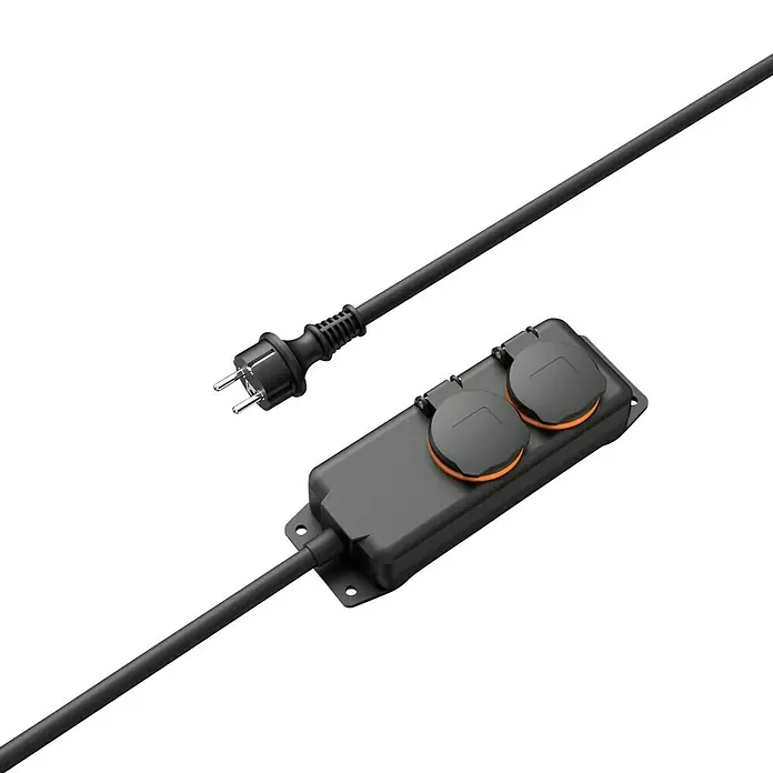 Hama Steckdosenleiste 2-fach 00223061 IP44 Wandmontage - Kabellänge: 2 m - Schwarzes Verlängerungskabel mit zwei abgedeckten Steckdosen und einem Stecker, für den Außenbereich.