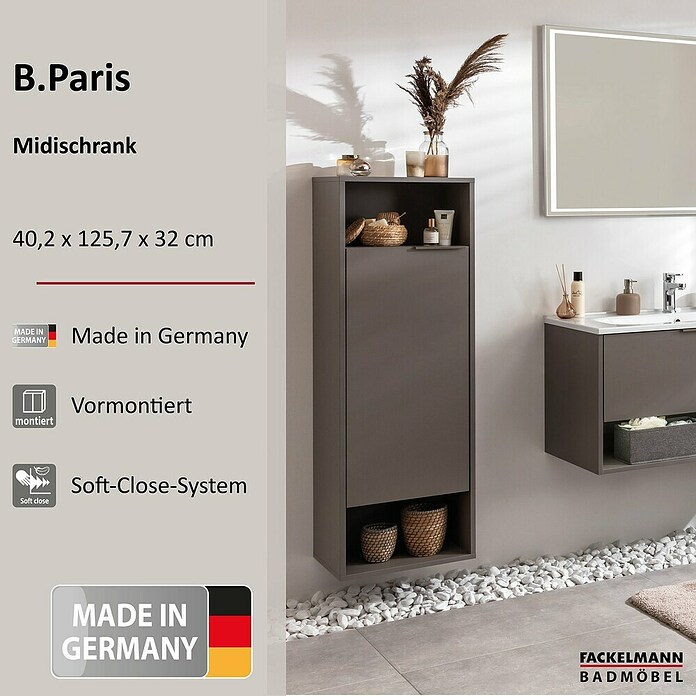 Fackelmann B.Paris Midischrank (B x T x H: 40,2 x 32 x 125,7 cm, Anschlag: Links, Cubanit Grau) | BAUHAUS