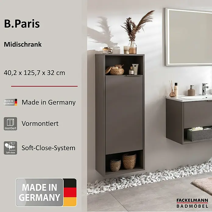 Fackelmann B.Paris Bad-Midischrank - B x T x H: 40,2 x 32 x 125,7 cm, Cubanit grau, DIN Anschlag: Links - Dunkelgrauer/taupe wandmontierter Bad-Midischrank mit offenen Fächern und geschlossener Tür, in einem modernen Bad.