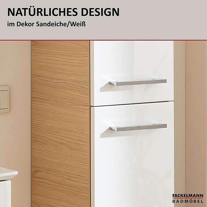 Fackelmann B.style Hochschrank (B x T x H: 30 x 31,8 x 162 cm, Anschlag: Rechts, Weiß Hochglanz/Sandeiche) | BAUHAUS