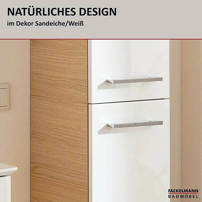 Fackelmann B.style Bad-Hochschrank - B x T x H: 30 x 31,8 x 162 cm, Sandeiche/Weiß, DIN Anschlag: Rechts - Badmöbel in Sandeiche-Dekor und Hochglanz Weiß mit silbernen Griffen.