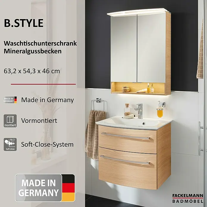Fackelmann B.style Badmöbel-Set - Gesamtbreite Badmöbel: 63,2 cm, Sandeiche - Waschtischunterschrank aus hellem Holz mit Mineralgussbecken und passendem Spiegelschrank mit Beleuchtung und Soft-Close-Schubladen.