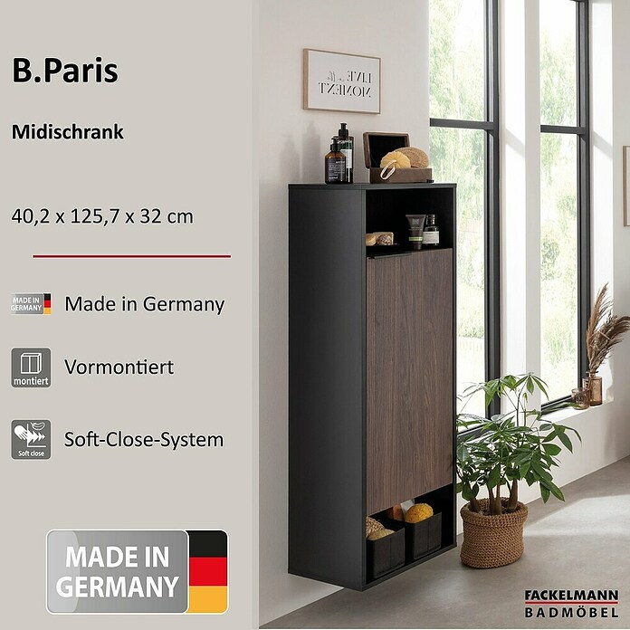 Fackelmann B.Paris Midischrank (B x T x H: 40,2 x 32 x 125,7 cm, Anschlag: Rechts, Rigoletto Eiche Holzoptik/Schwarz) | BAUHAUS