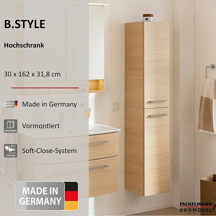 Fackelmann B.style Bad-Hochschrank - B x T x H: 30 x 31,8 x 162 cm, Sandeiche, DIN Anschlag: Rechts - FACKELMANN Hochschrank in heller Eichenoptik mit zwei Türen und silbernen Griffen.