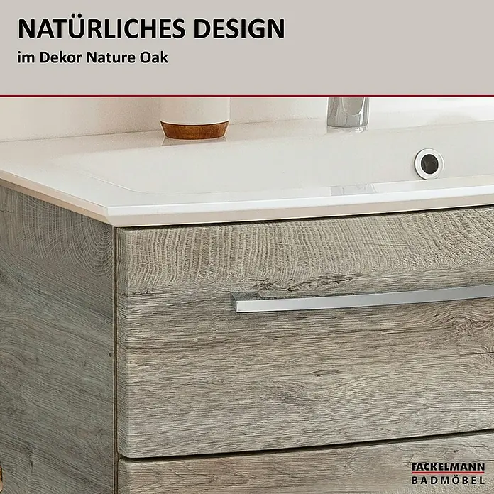 Fackelmann B.style Badmöbel-Set - Gesamtbreite Badmöbel: 83,2 cm, Nature Oak Holzoptik - Waschtischunterschrank im Dekor Nature Oak mit weißem Waschbecken und Schubladen.