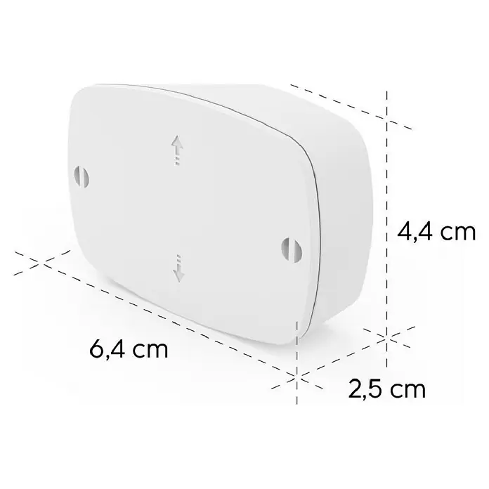 Hama LED-Nachtlicht Cozy 223502 - L x B x H: 4,4 x 6,4 x 2,5 cm - Weißes rechteckiges Elektronikgerät, 6,4x4,4x2,5 cm, mit abgerundeten Kanten, Befestigungsschlitzen und Richtungspfeilen.