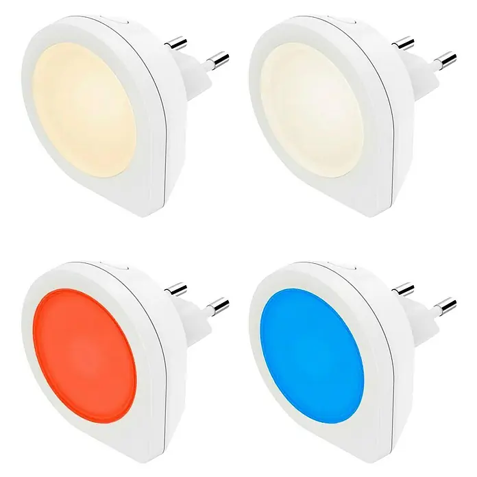 Hama LED-Nachtlicht Cozy 223502 - L x B x H: 4,4 x 6,4 x 2,5 cm - Vier weiße Kunststoff-Steckdosen-Nachtlichter mit warmweißem, kaltweißem, rotem und blauem Licht.
